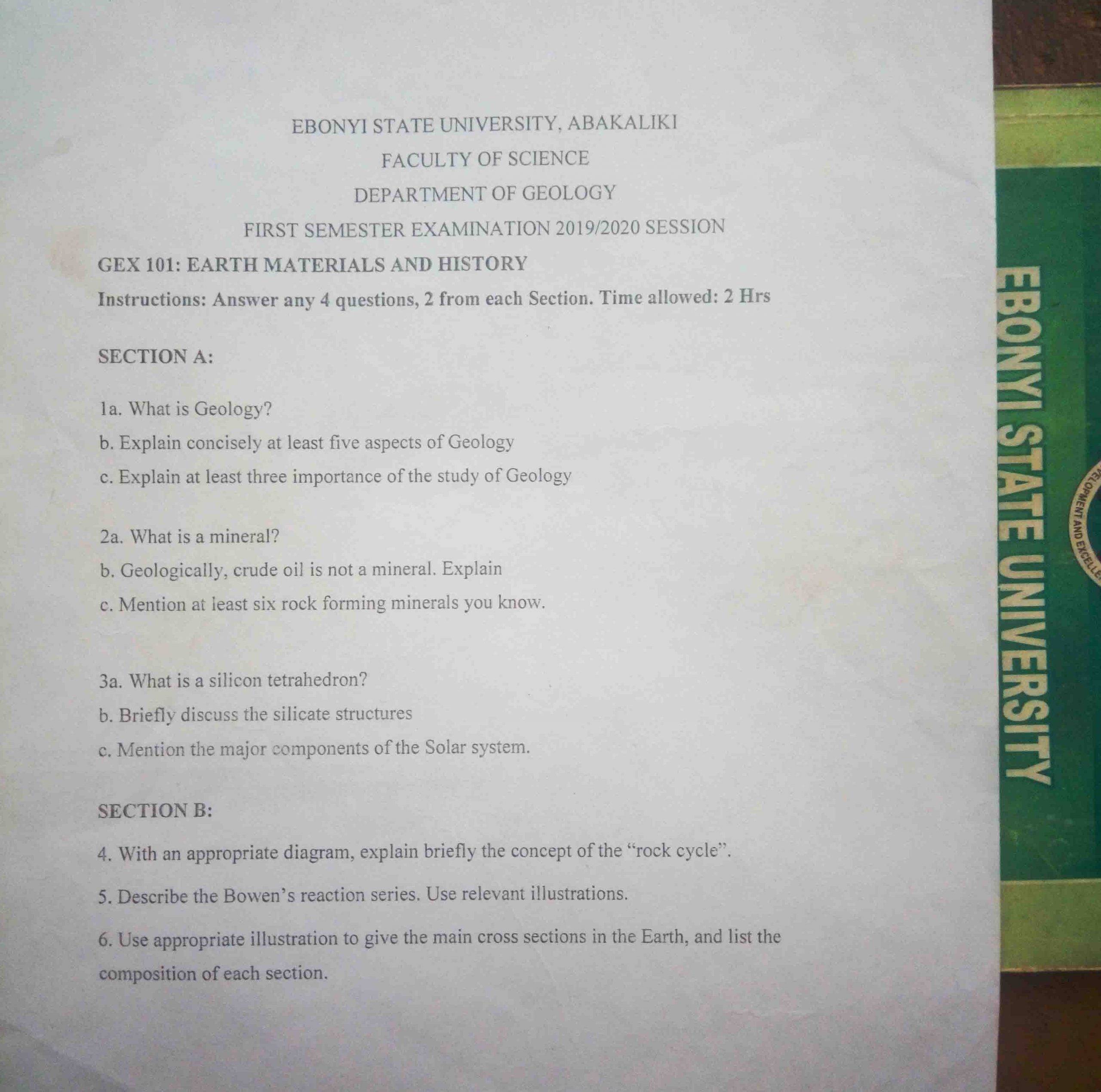 EBSU GEX Past Question First Semester