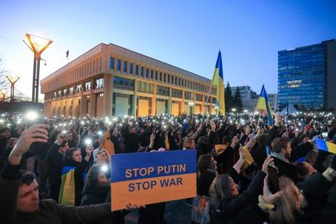 Demonstrators take part in a protest against the Russian invasion of Ukraine at Independence Square in front of the Parliament Palace in Vilnius, Lithuania
