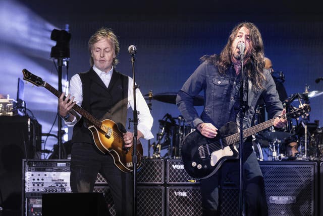 Dave Grohl joined Sir Paul in his first stage appearance since the death of Foo Fighters drummer Taylor Hawkins