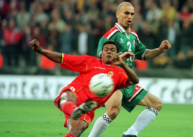 Ibrahim Hassan (behind) in action against Belgium's Luis Oliveira in March 1999