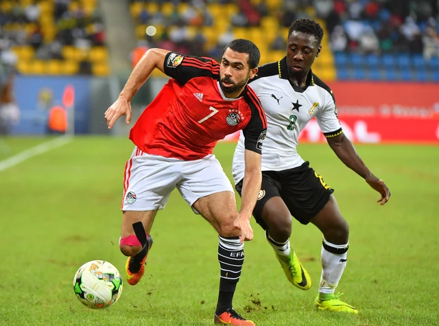 One of the most capped African players of all time, Ahmed Fathy competing with Ghana's Andy Yiadom