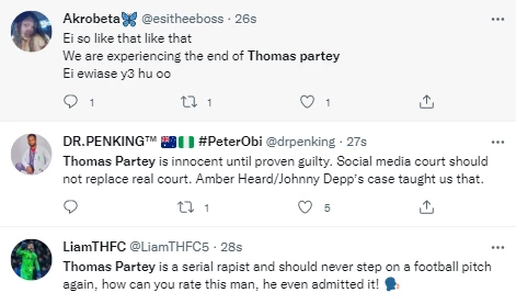 Reactions as Thomas Partey accused of rape on Twitter, belongs in prison