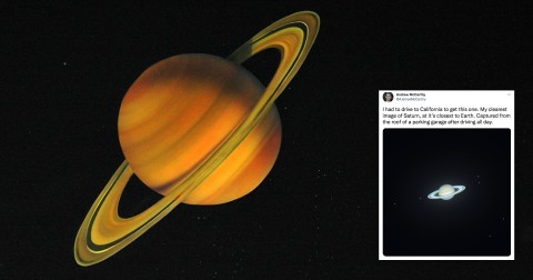 A stellar image of Saturn is taken from the garage roof by an astronomer