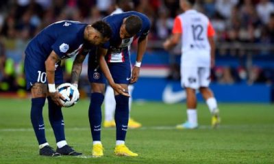 Neymar and Kylian Mbappe talk before the Brazilian scored a penalty against Montpellier