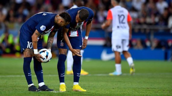 Neymar and Kylian Mbappe talk before the Brazilian scored a penalty against Montpellier