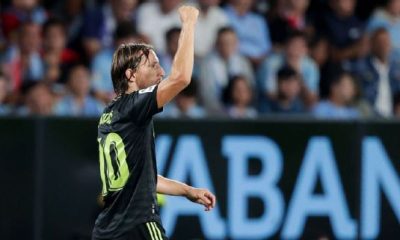 Luka Modric celebrates after scoring Real Madrid's second goal against Celta Vigo.