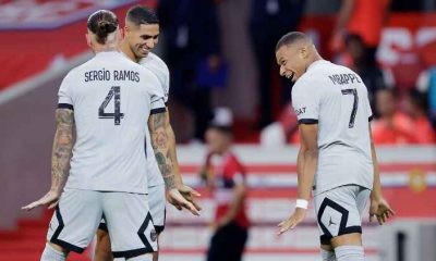 Kylian Mbappe, right, celebrates with PSG teammates in a runaway win over Lille in Ligue 1.