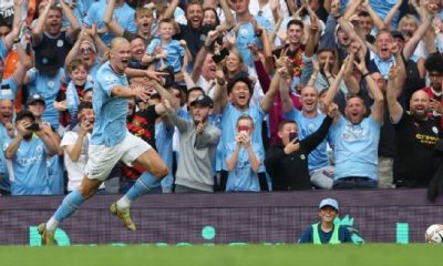 Erling Haaland celebrates his second goal for Manchester City against Crystal Palace