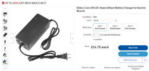 One of the Ebay listings showing a dangerous e-bike charger