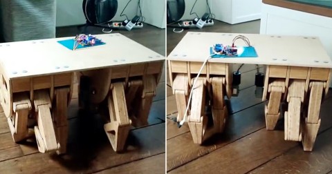 A Dutch programmer has taken DIY furniture to a whole new level by creating a ‘walking table’ with 12 legs