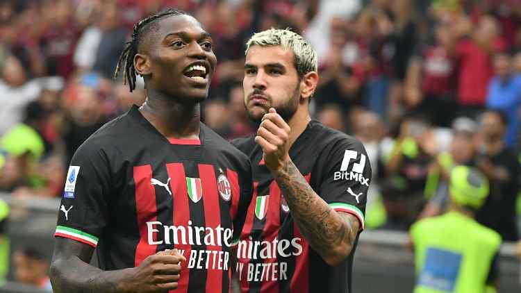Milan striker Rafael Leao celebrates on of his two goals in a 3-2 victory over rivals Inter.