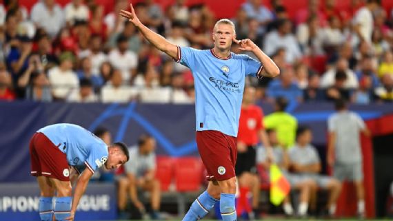 Erling Haaland scored either side of half time as Manchester City condemned Sevilla to heavy defeat