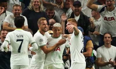 Tottenham players celebrate after scoring a goal against Marseille in the Champions League