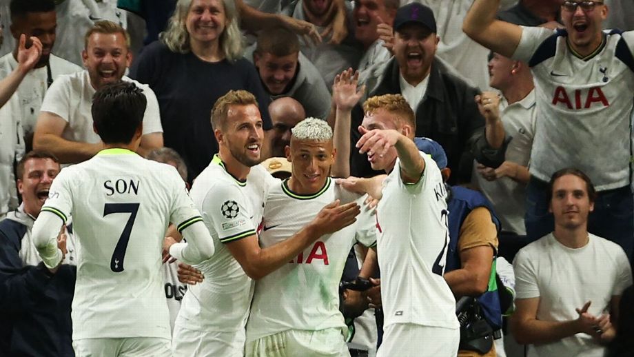 Tottenham players celebrate after scoring a goal against Marseille in the Champions League