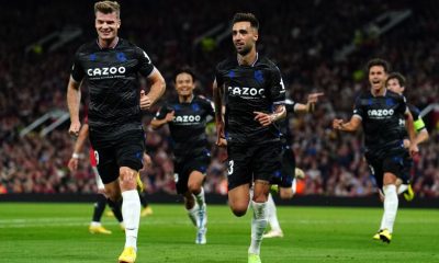 Brais Mendez, right, celebrates after converting a penalty for Real Sociedad against Manchester United in the Europa League.