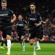 Brais Mendez, right, celebrates after converting a penalty for Real Sociedad against Manchester United in the Europa League.