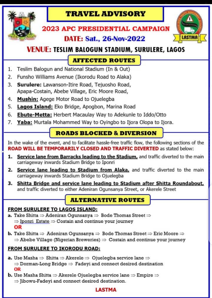 Traffic Advisory: APC Presidential Campaign Rally Holds In Lagos Tomorrow
