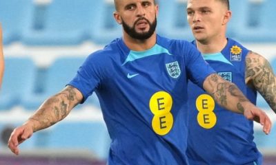 Kyle Walker focuses during an England training session