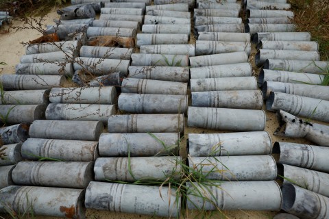 Artillery shells used by the Russian arm displayed by the Ukrainian military in the region of Kharkiv