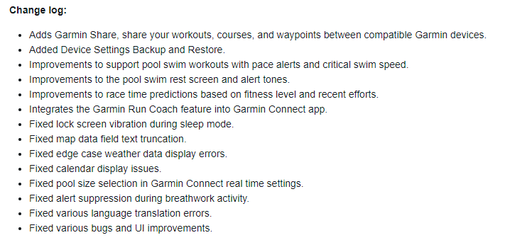 The changelog for software version 20.26 for the Garmin Forerunner 955