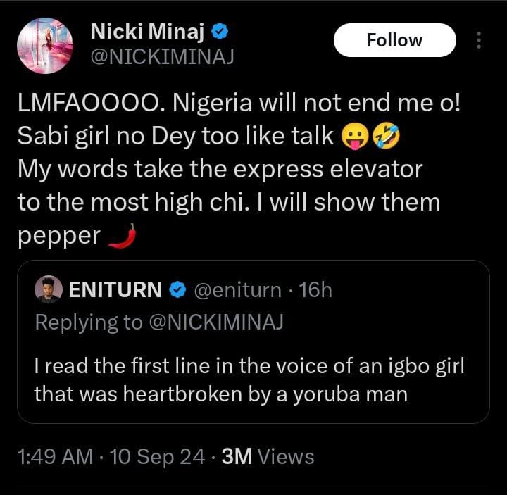 Nigeria will not end me — Nicki Minaj voice out