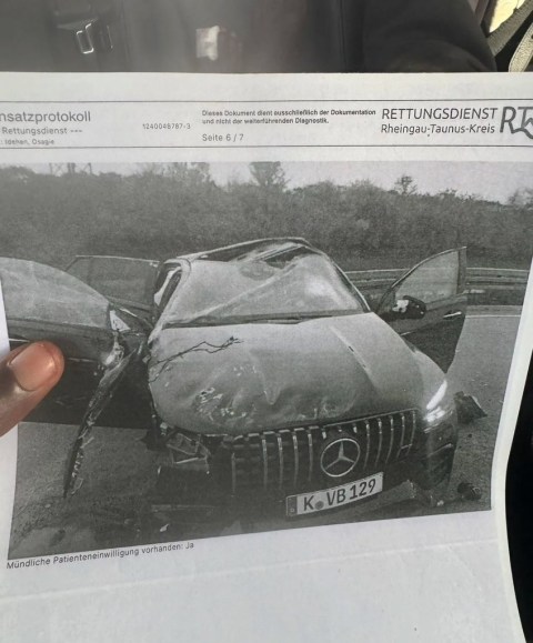 Victor Boniface’s Mercedes was heavily damaged from the crash