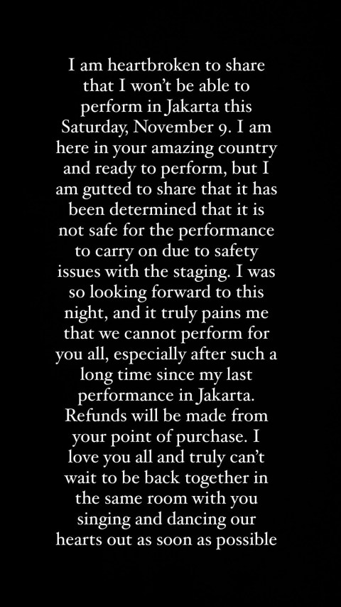 Dua announced that she would be cancelling her show in Jakarta 